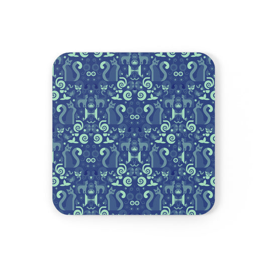 Purrfect Pattern in Blue - Cork Back Coaster